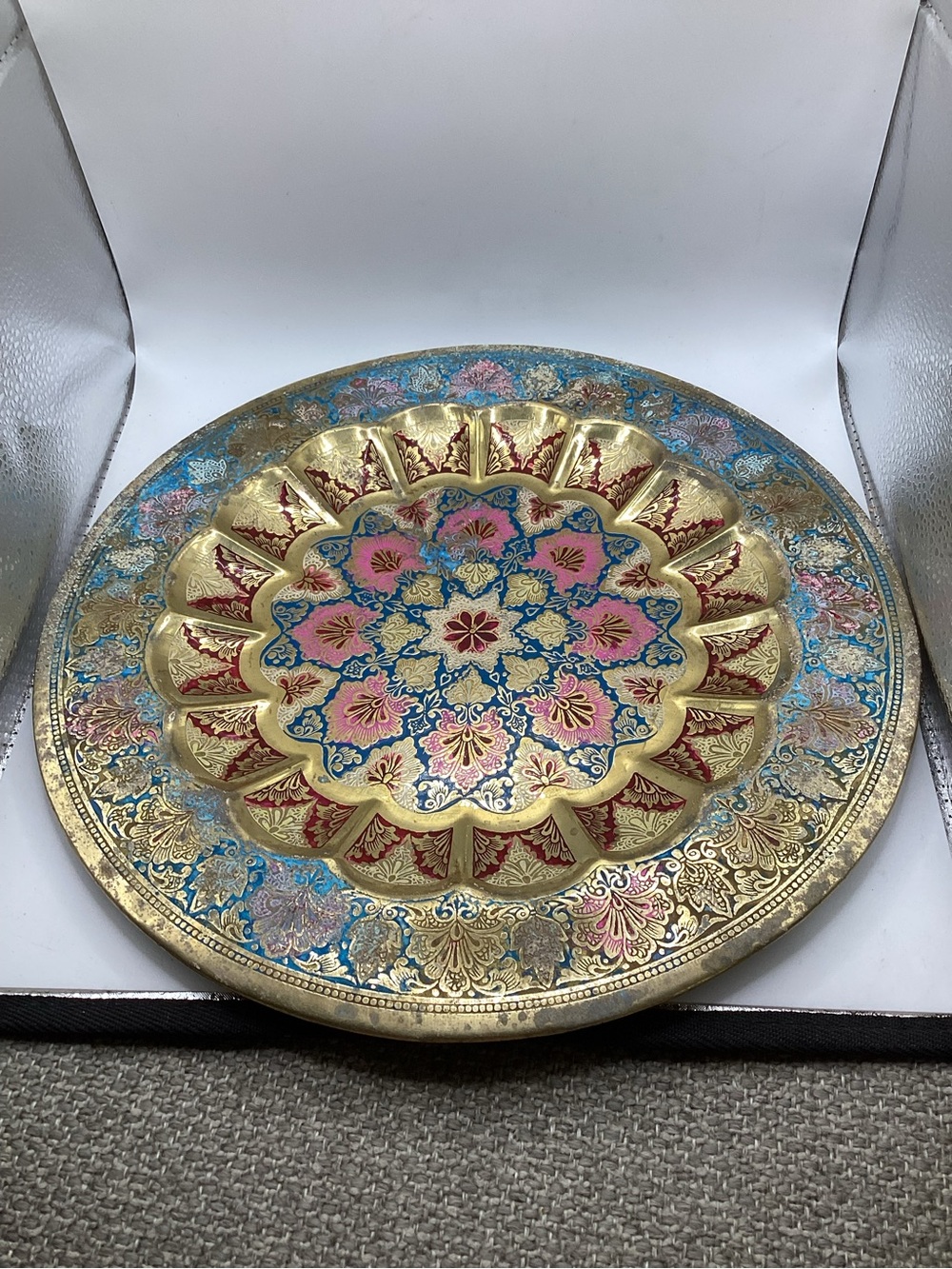 vintage enameled and etched brass decorative plate from India 11.5” round